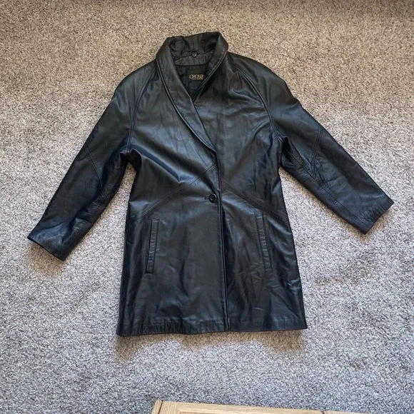 Faux Leather Blazer Jacket Women's XS Black Shoulder Pads Buttons - Picture 2 of 12